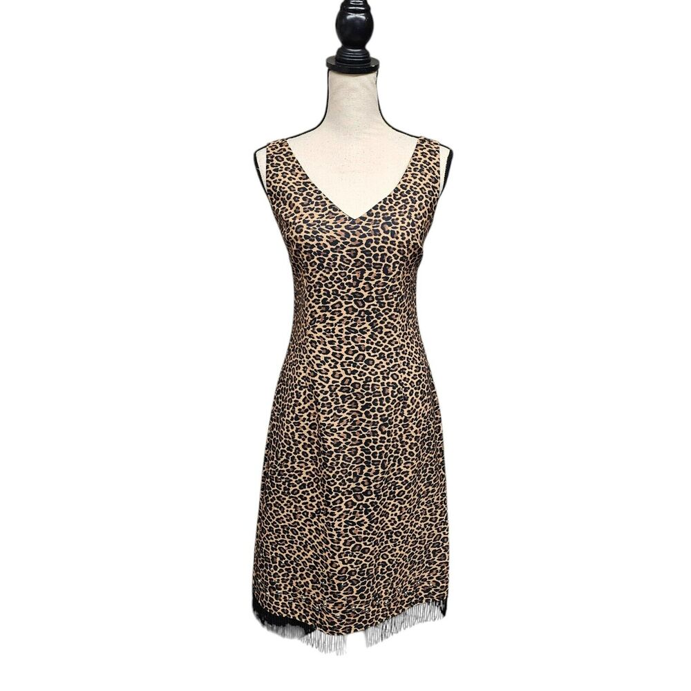 Mica Womens Leopard Dress Sz 8 Bodycon Cocktail Beaded Fringe Studded Sleaze 90s